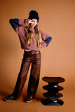 Nobell - Sage Fake Leather Wijde Broek Donkerbruin